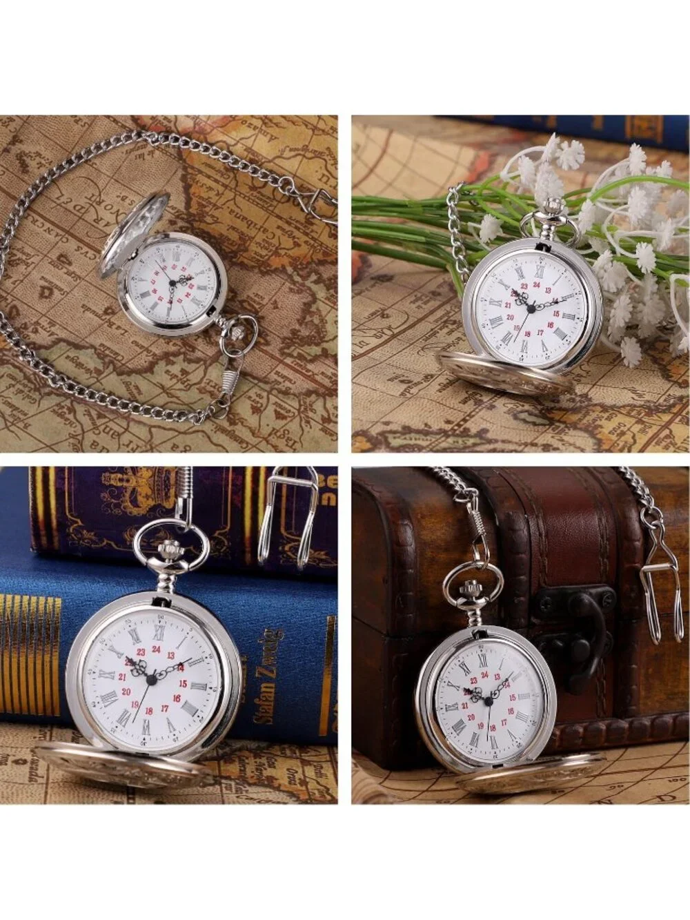 Men's Silver Quartz Engraved Wave Pattern Arabic Numerals Chain Pocket Watch